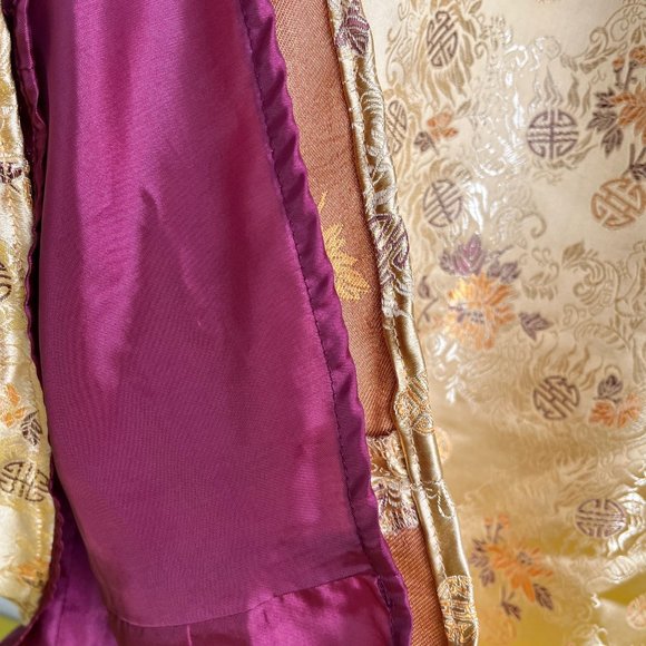 One Shoulder Formal Gown, Gold and Maroon Metallic Floral Brocade, Size 1/3 - Picture 9 of 15